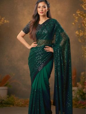 green & black krinkle chuffon sari with blouse
