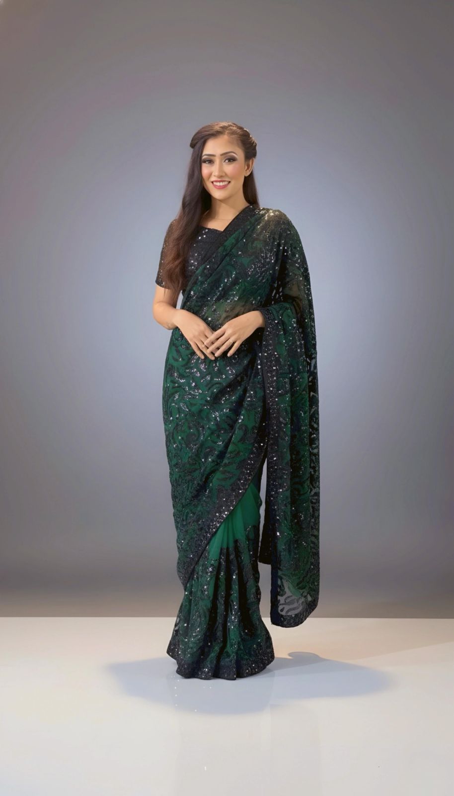 green & black krinkle chuffon sari with blouse green & black krinkle chuffon sari with blouse