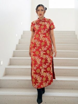 red satin silk with chinese pattern cutting