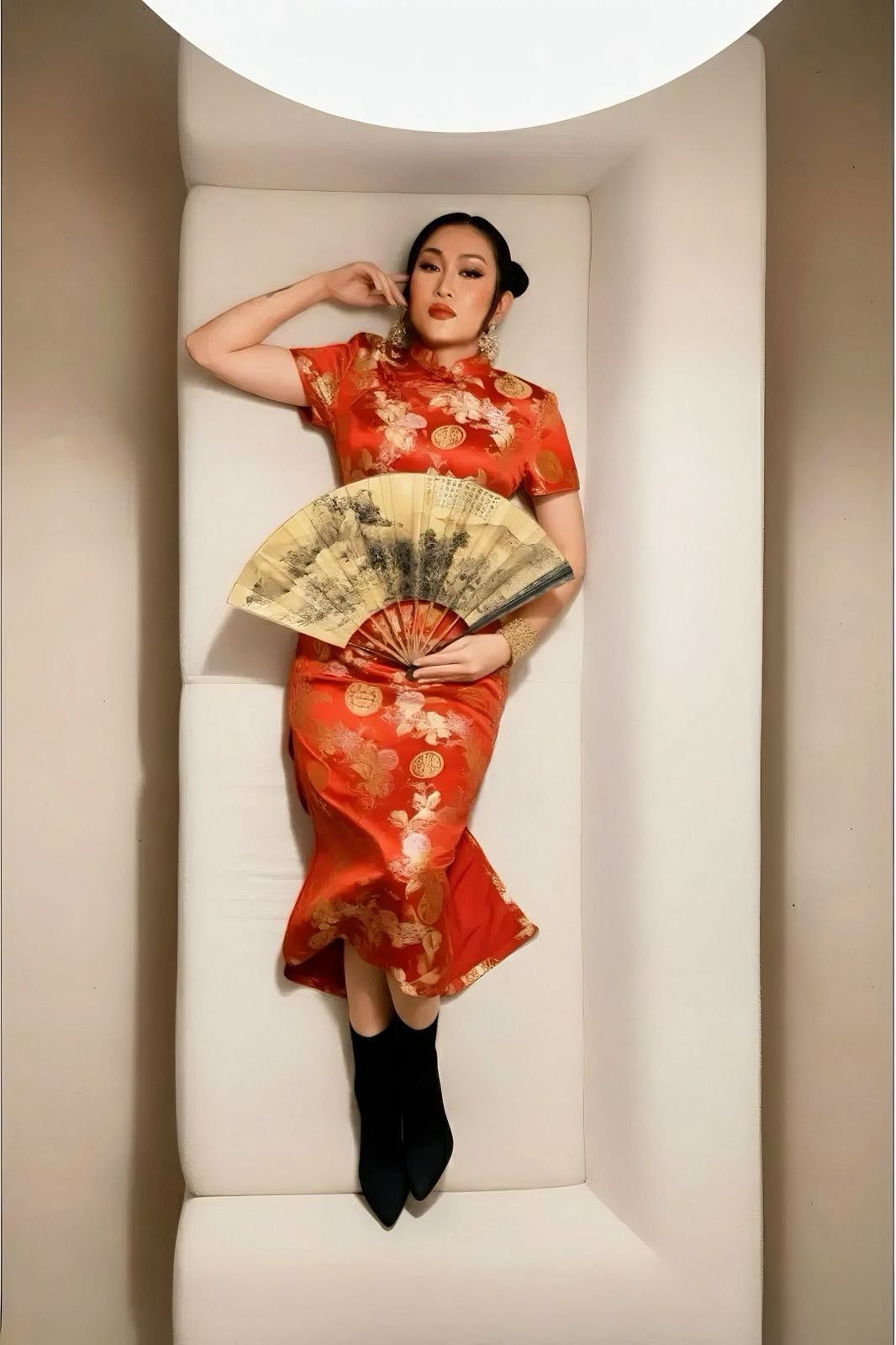 red satin silk with chinese pattern cutting red satin silk with chinese pattern cutting